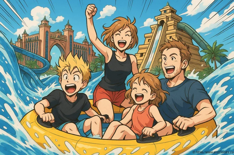 Famille heureuse sur toboggan aquatique