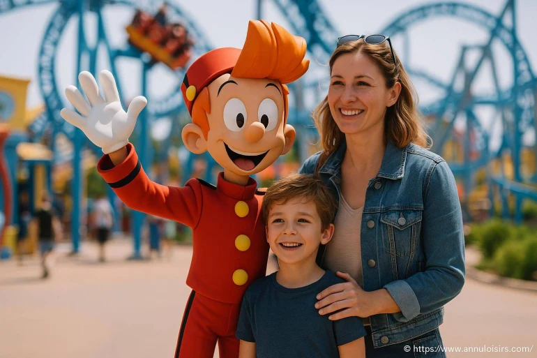 Famille avec personnage de parc d'attractions