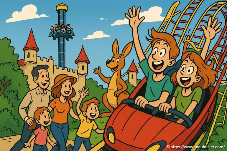 Famille joyeuse parc attraction montagnes russes