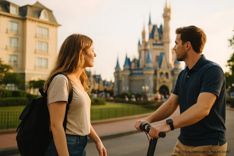 Couple devant château Disney en conversation